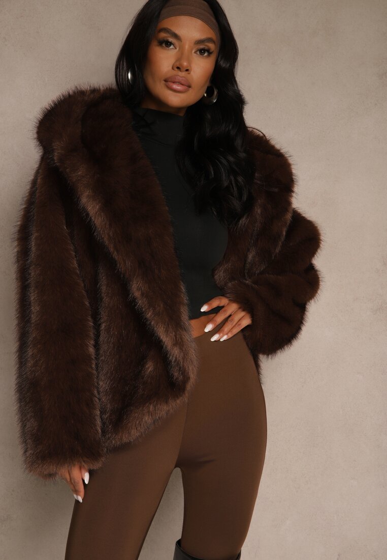 Jachetă Maro Supradimensionată de Blană cu Glugă Venelle