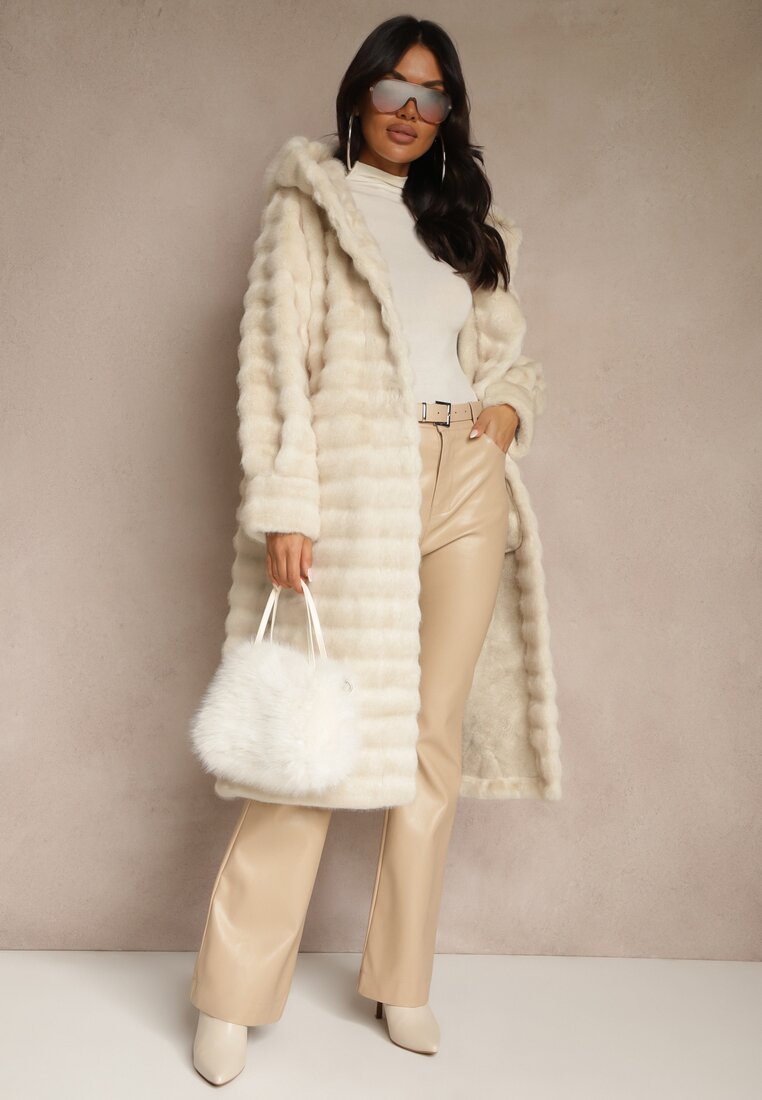 Palton de blană Bej cu Cusături Decorative și Glugă Esetia