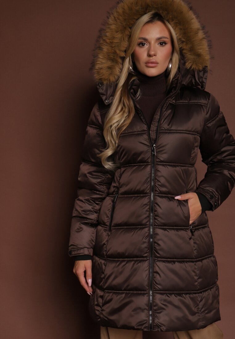 Geacă Matlasată Maro închisă cu croială lungă cu glugă detașabilă cu blană Fenalda