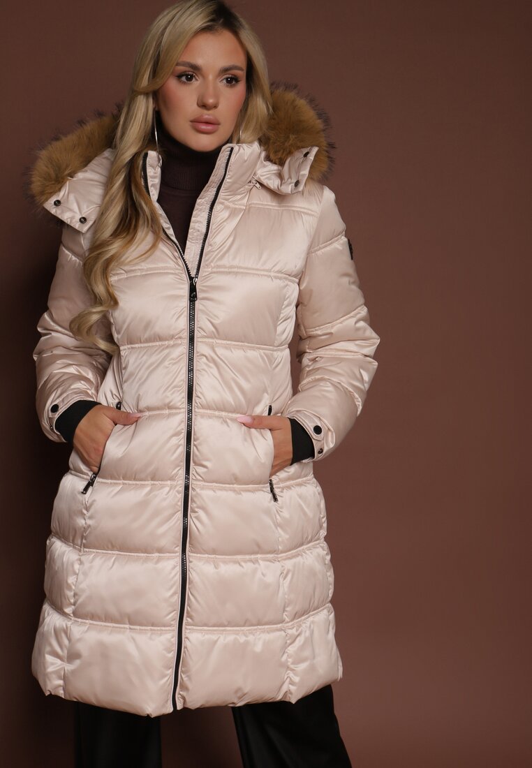 Jachetă Matlasată Bej Lungă cu Glugă Detașabilă cu Blană Fenalda
