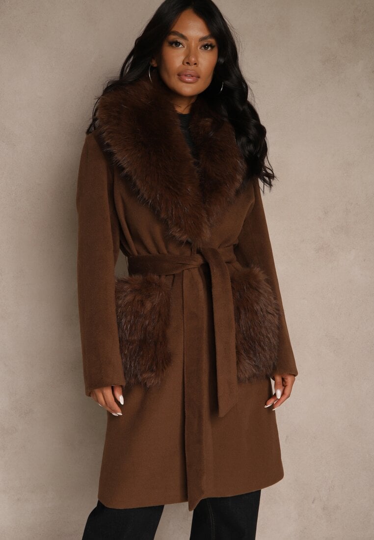 Palton Maro cu Guler de Blană, Buzunare și Curea Legată Perria