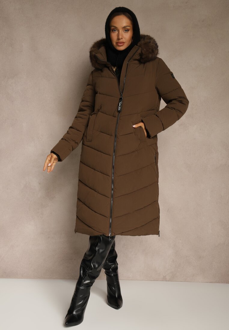 Geacă lungă maro matlasată cu glugă cu blană Galianesa
