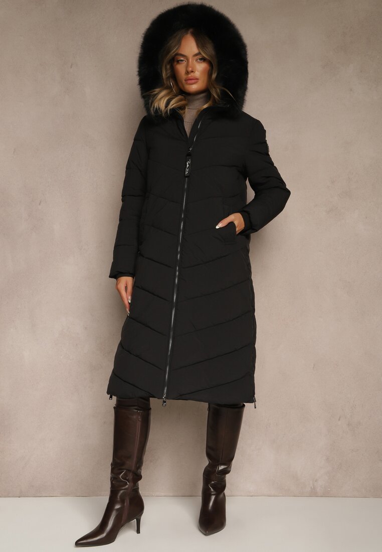 Geacă matlasată neagră cu croială lungă cu glugă cu blană Galianesa