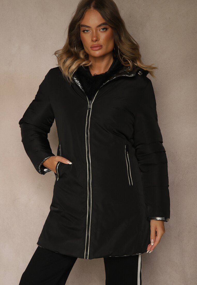 Geacă Neagră Dwustronna cu Glugă și Cusături Matlasate Alirrise