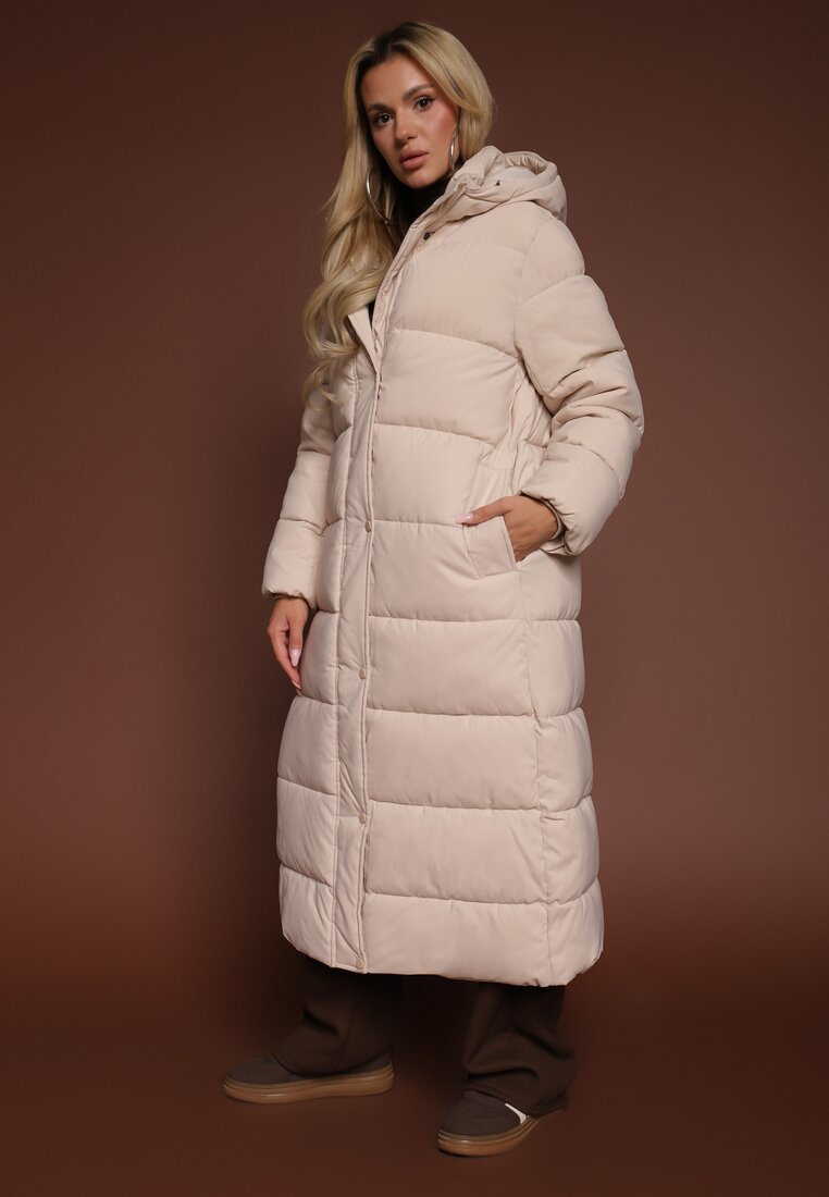 Geacă Bej Deschis cu croială lungă cu glugă cu matlasare Aforriva