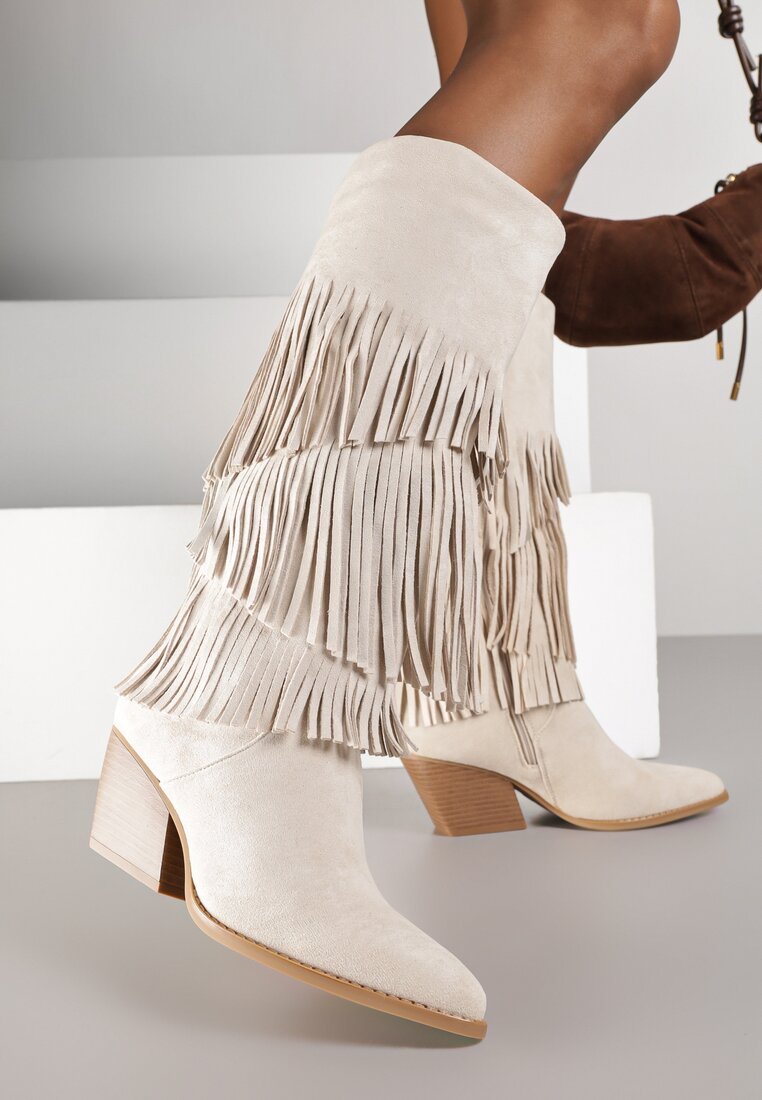 Cizme Cowboy Bej pe toc conic Decorate cu franjuri Giolanda