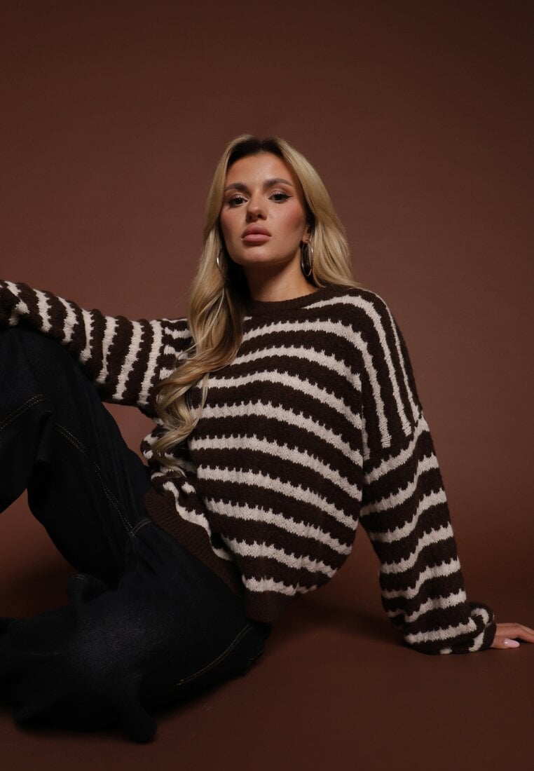 Pulover Maro închis Oversizowy în dungi din tricot cu lână și viscoză Aventole