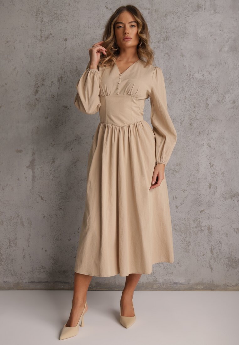 Rochie Bej Tip Corset din Viscoză cu Nasturi și Mâneci Bufante Ahlite