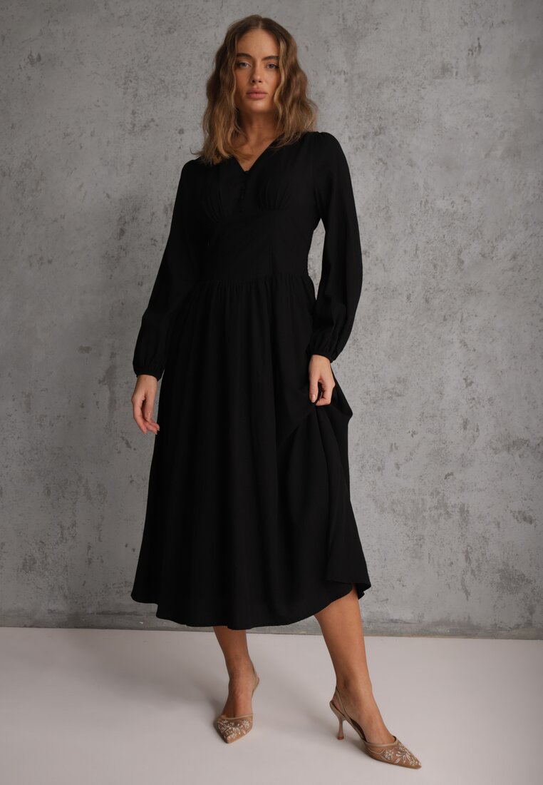 Rochie neagră tip corset cu viscoză cu nasturi și mâneci bufante Ahlite