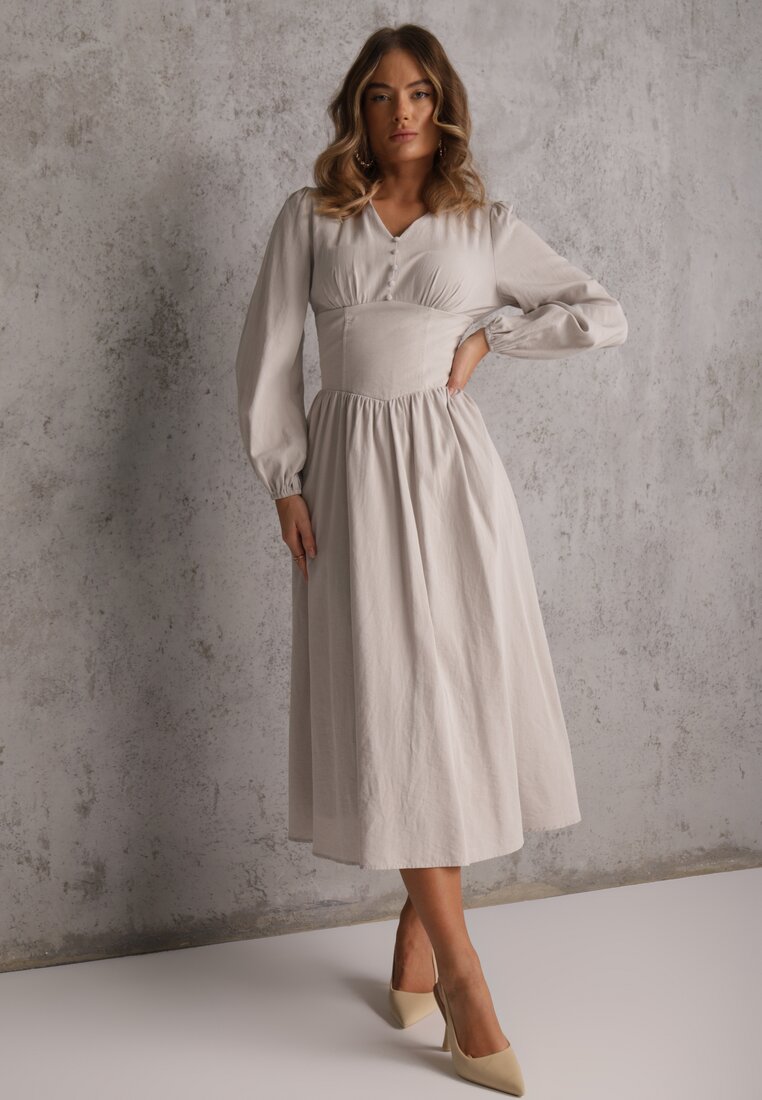 Rochie Tip corset Bej din viscoză cu nasturi și mâneci bufante Ahlite