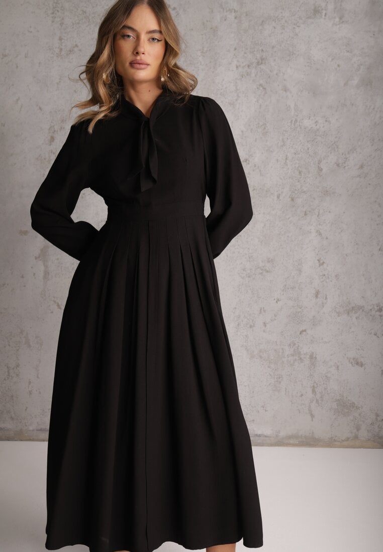 Rochie Neagră Plisată din Viscoză Decorată cu Fundă Farrive