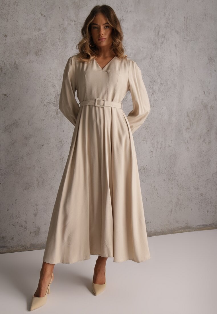 Rochie Evazată Bej din Viscoză cu Centură cu Cataramă Orille