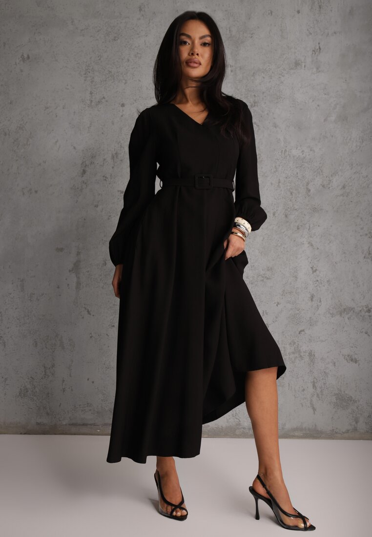 Rochie Neagră Evazată din Viscoză cu Cordon cu Cataramă Orille