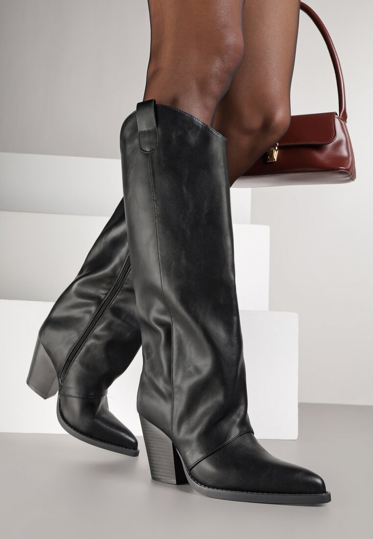 Cizme Negre Stil Cowboy cu Carâmb Drept și Toc Conic Afarrive