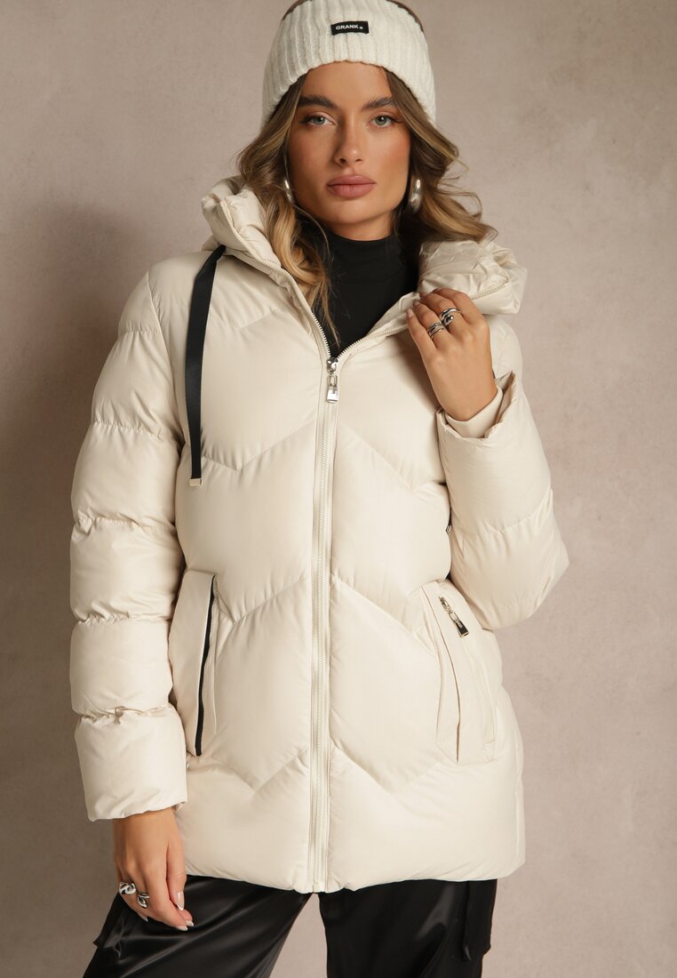 Kurtka Ciemnobeżowa Matlasată cu Glugă și Șnururi Oleanesa