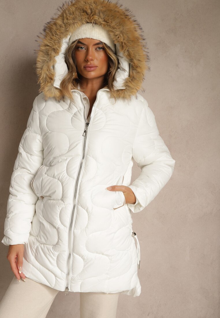 Jachetă Matlasată Albă cu Glugă cu Decorațiune de Blană Olinedia