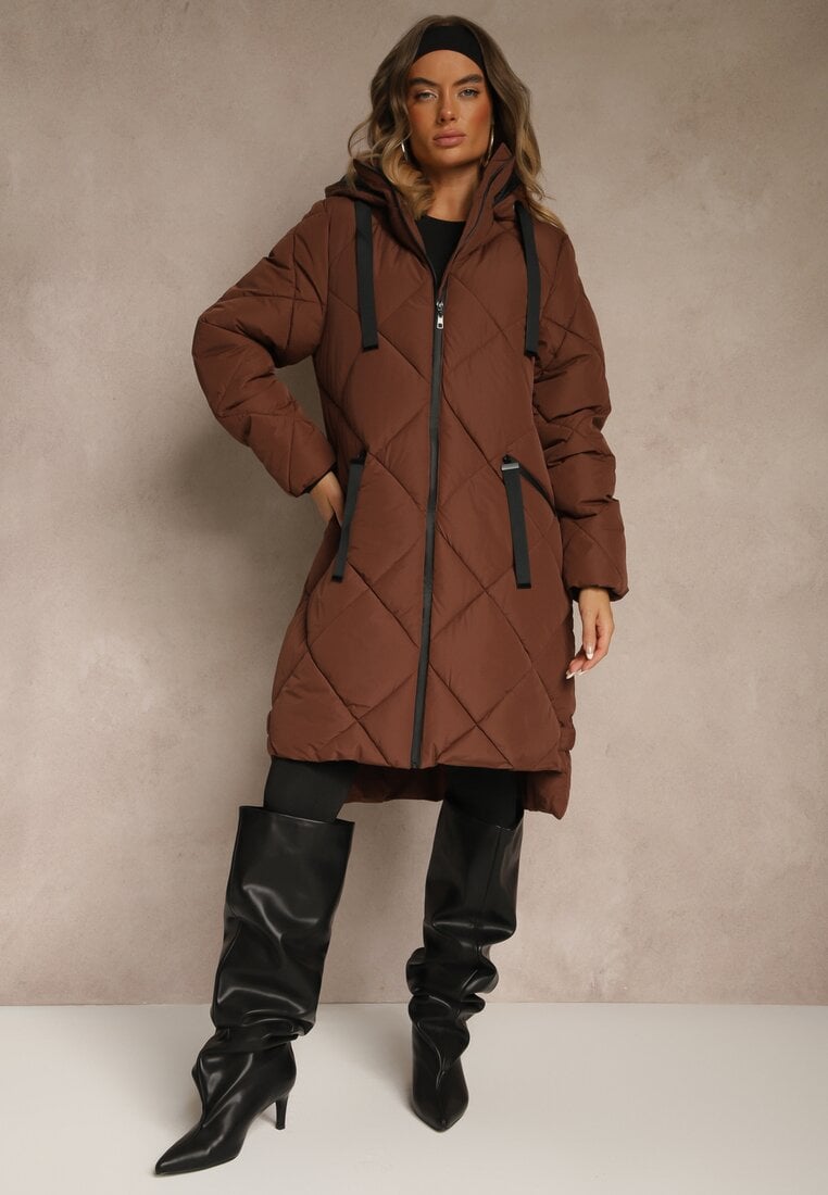 Geacă Maro Matlasată cu Cusături în Carouri, cu Glugă și cu Buzunare Zenetta