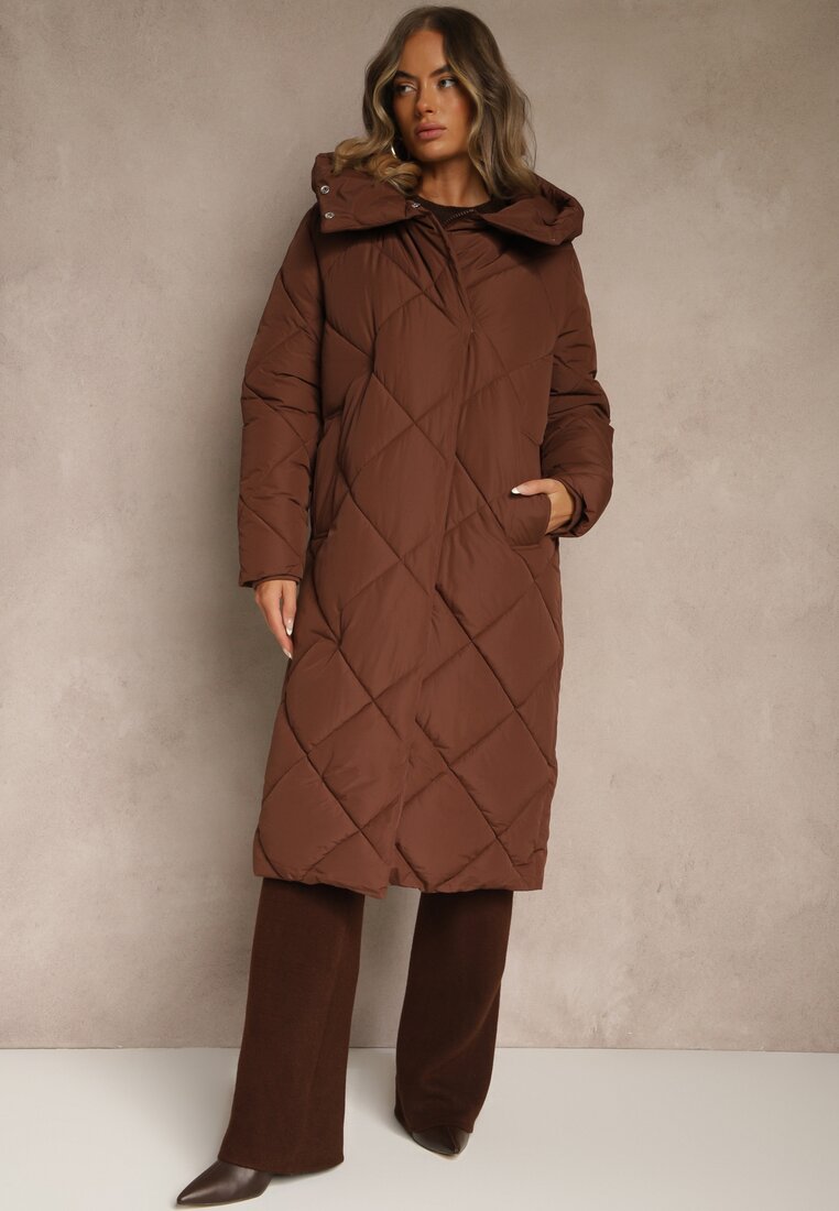 Geacă Palton Maro Matlasată Peste Genunchi cu Glugă Kinassan