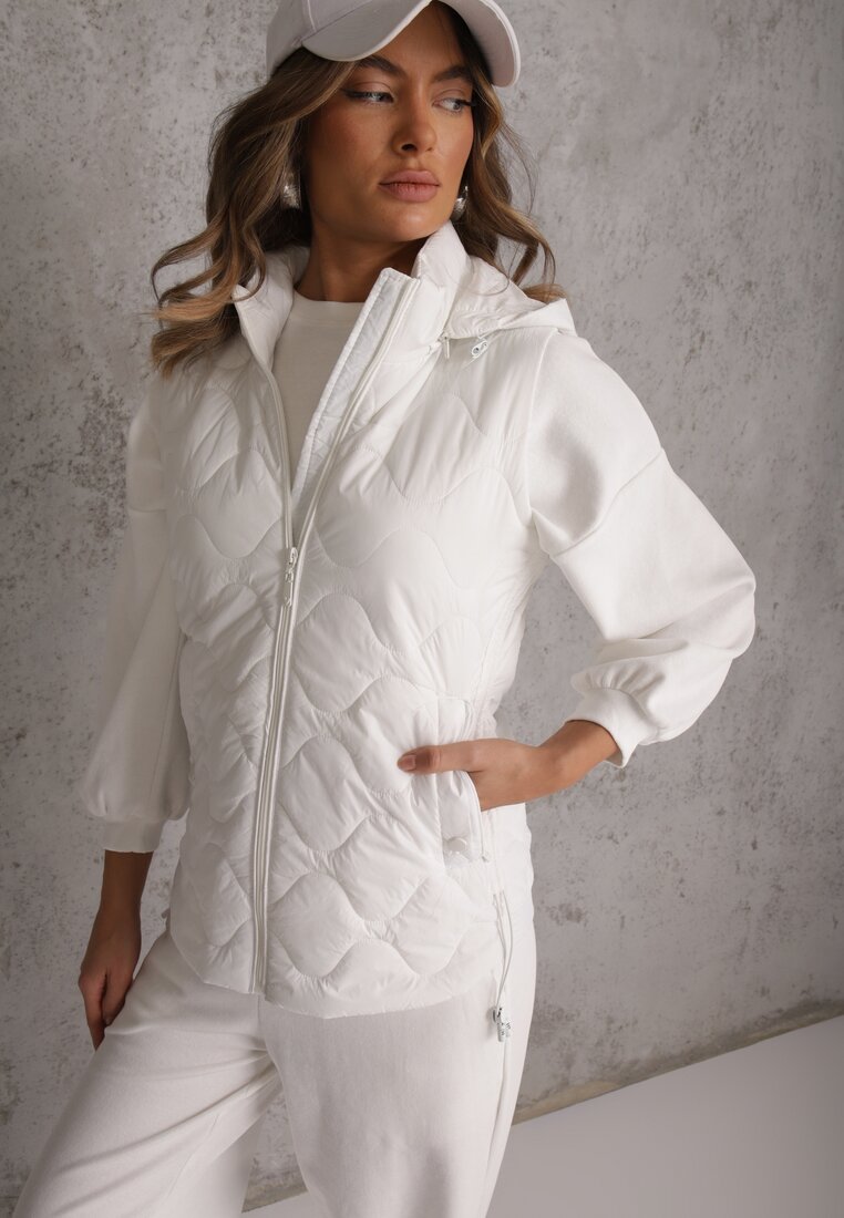 Kamizelka Albă cu Glugă Detașabilă și Model Matlasat Tiozarе