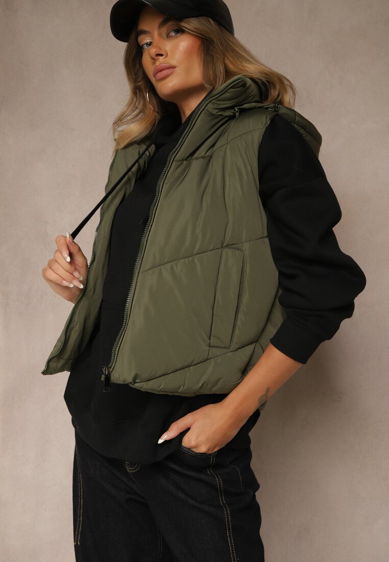 Vestă Matlasată Verde închis Casual cu glugă Olanissa