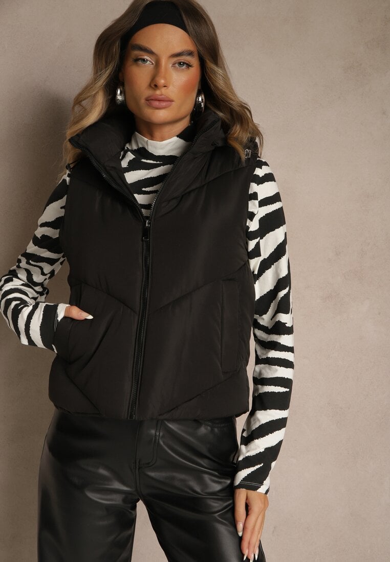 Vestă Neagră Matlasată Casual cu Glugă Olanissa