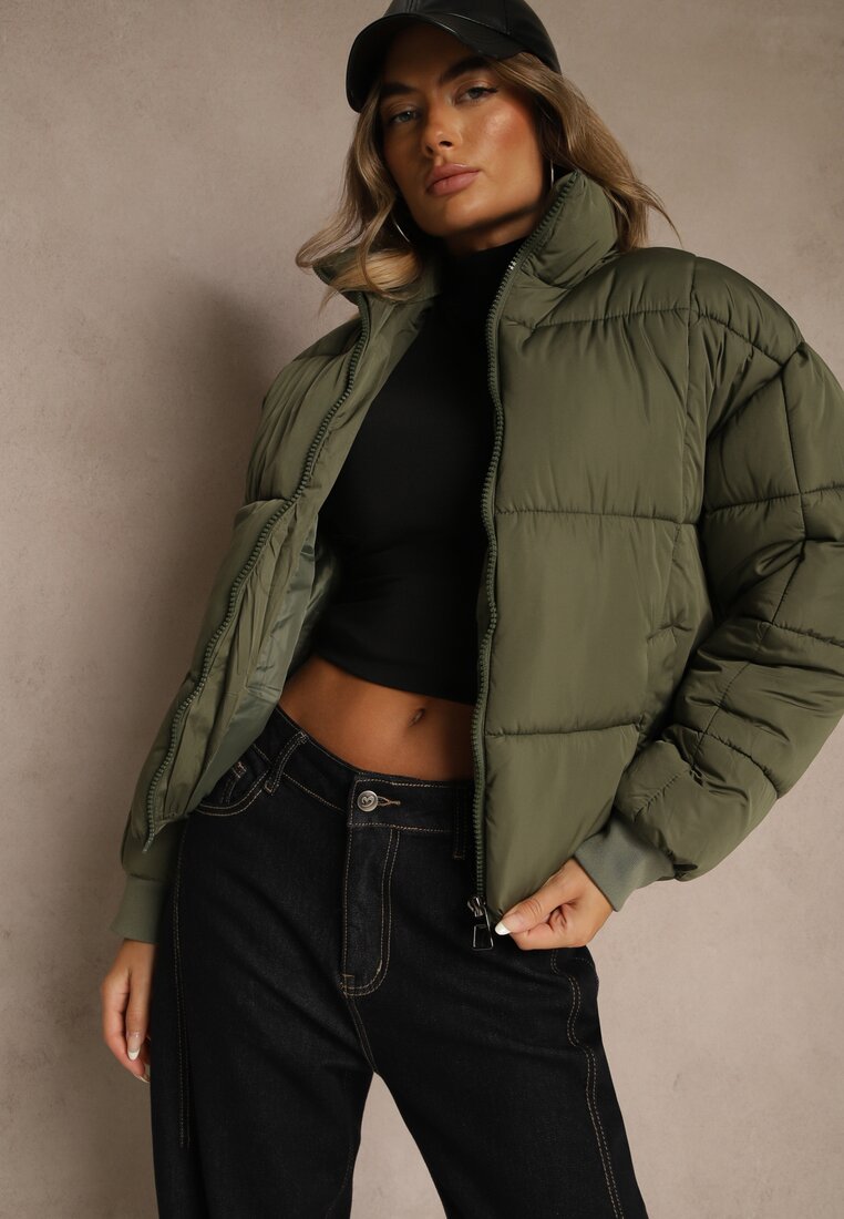 Jachetă Puffer Verde închis cu cusături matlasate și manșete elastice Cenilea