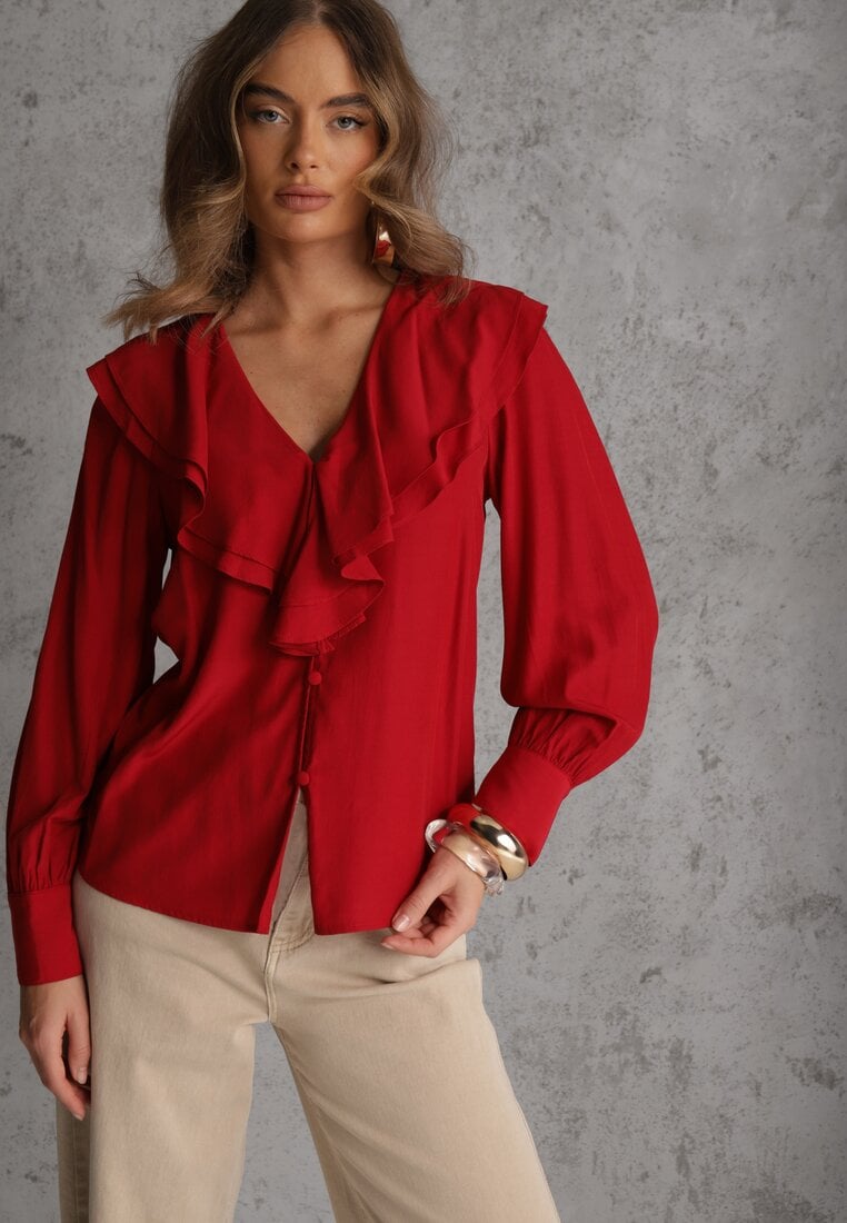 Cămașă Roșie Vices cu Decolteu cu Volane și Mâneci Bufante Zoiruna