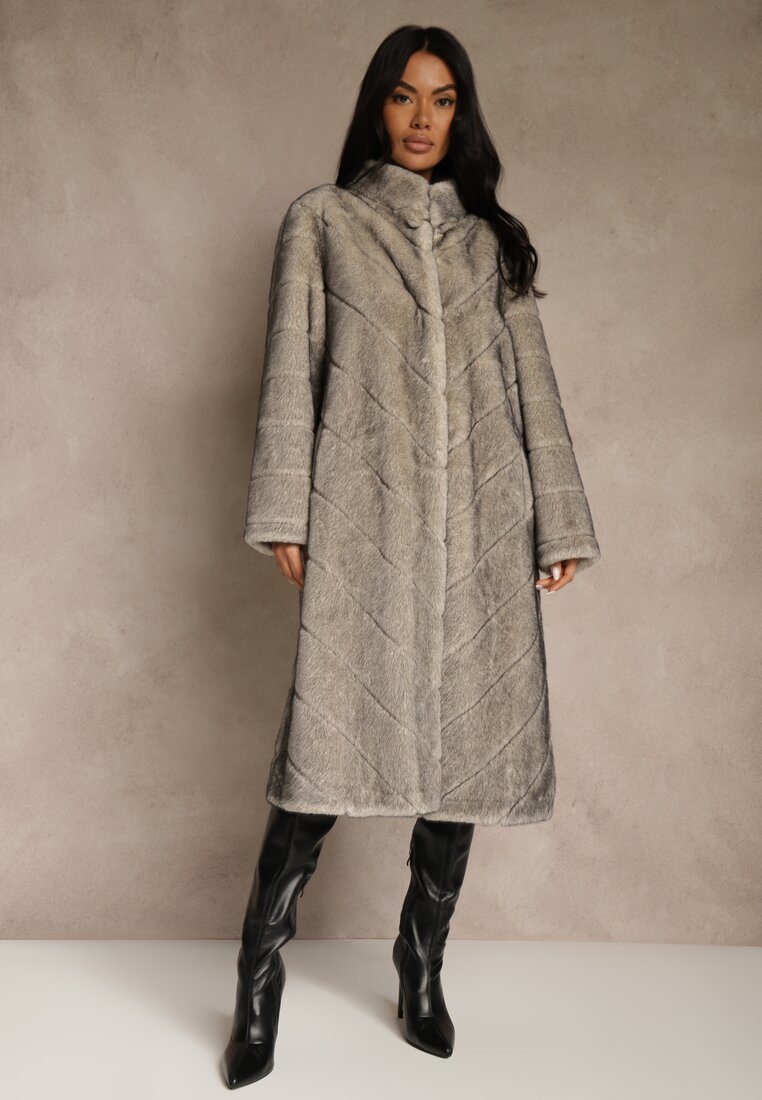 Palton Blană Bej cu croială lungă cu cusături și guler înalt Zeniera