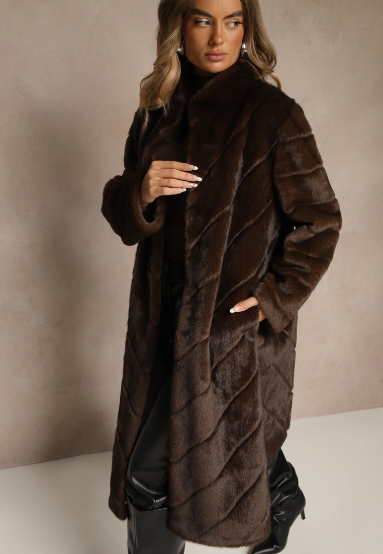 Palton Maro cu blană, croială lungă, cusături și guler înalt Zeniera