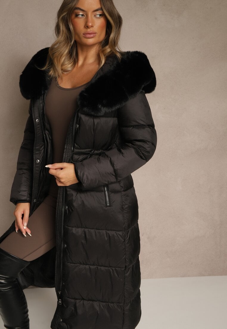 Geacă Negru Din puf Matlasată Lungă Cu glugă Cu blană Bavea