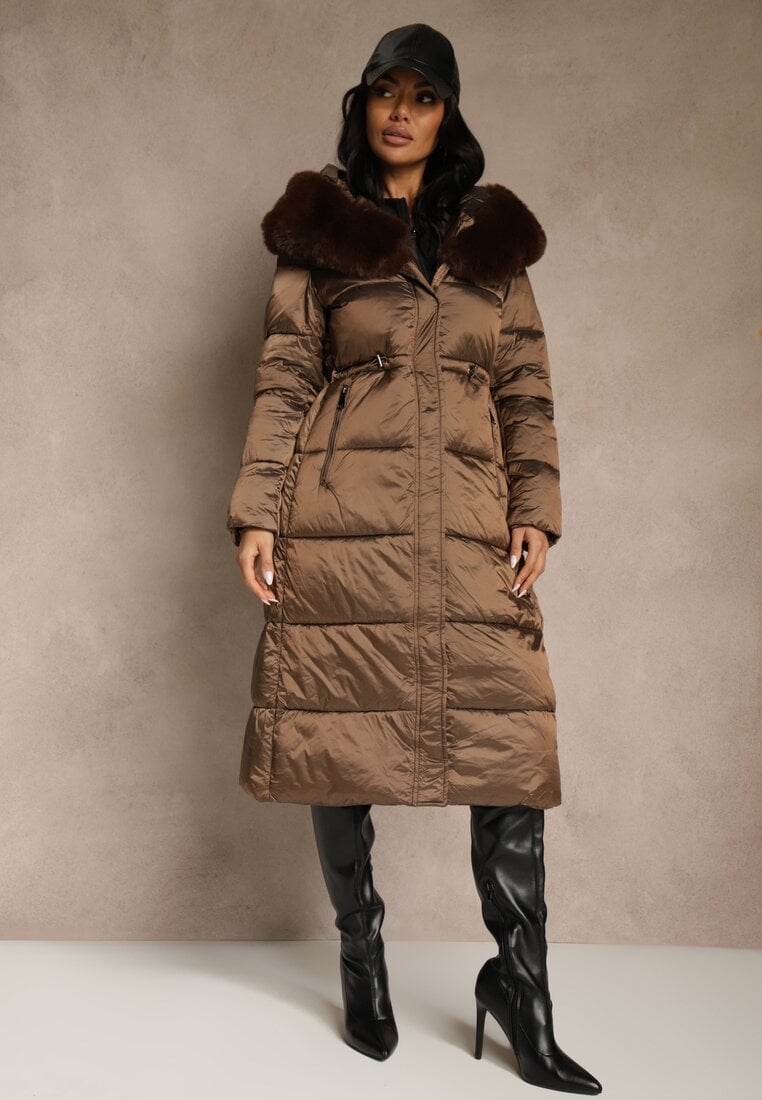 Geacă de puf matlasată Maro cu croială lungă cu glugă cu blană Bavea