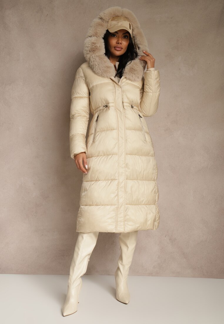 Geacă Bej De puf Matlasată Cu croială lungă Cu glugă Cu blană Bavea