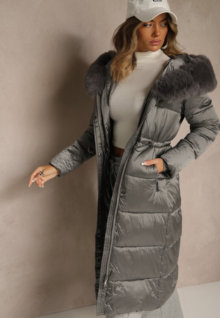 Geacă Gri de puf Matlasată lungă cu glugă cu blană Bavea