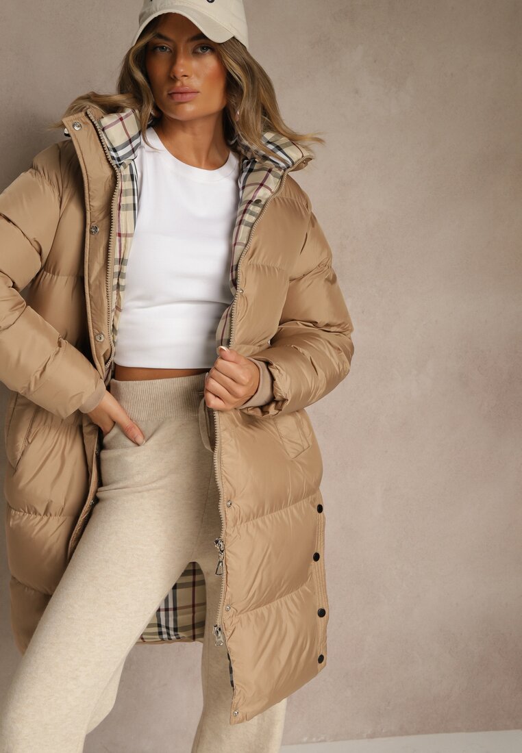 Geacă Bej închis matlasată lungă cu glugă Gineffa