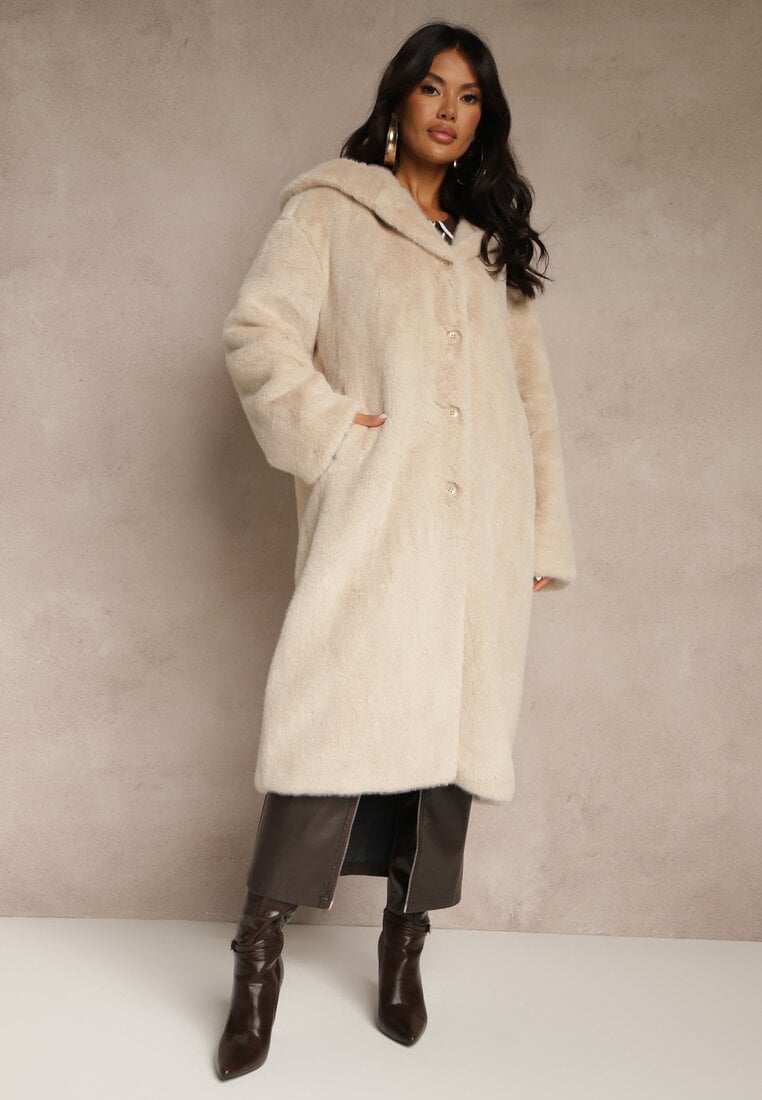 Palton Bej din Blană Plușată cu Glugă Zereva