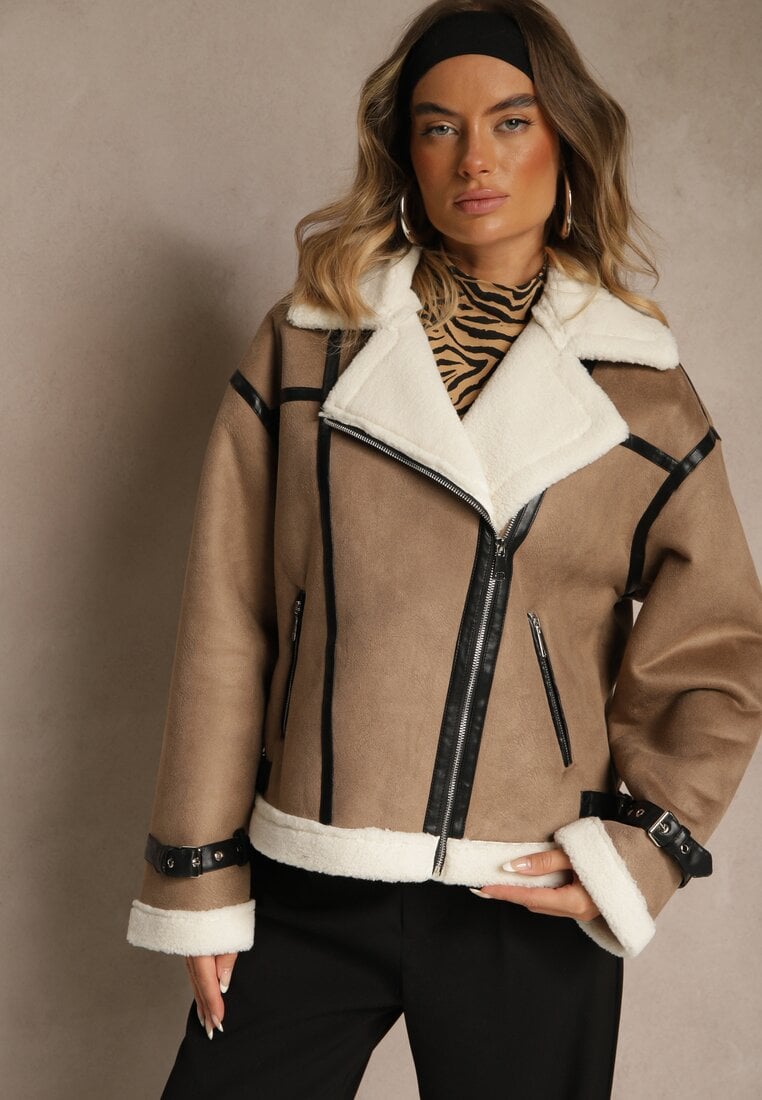 Jachetă Ramonescă bej închis stil biker cu blăniță și catarame Mendrie