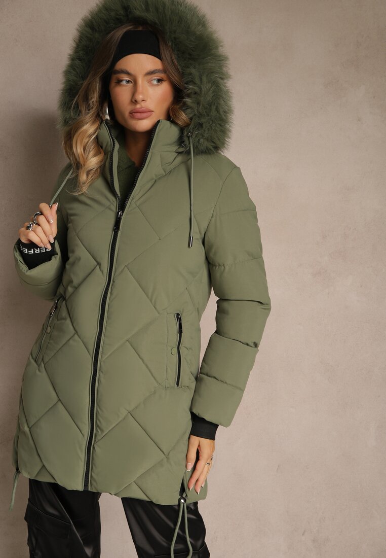 Geacă Verde închis cu Cusături Matlasate și Glugă cu Blană Guira