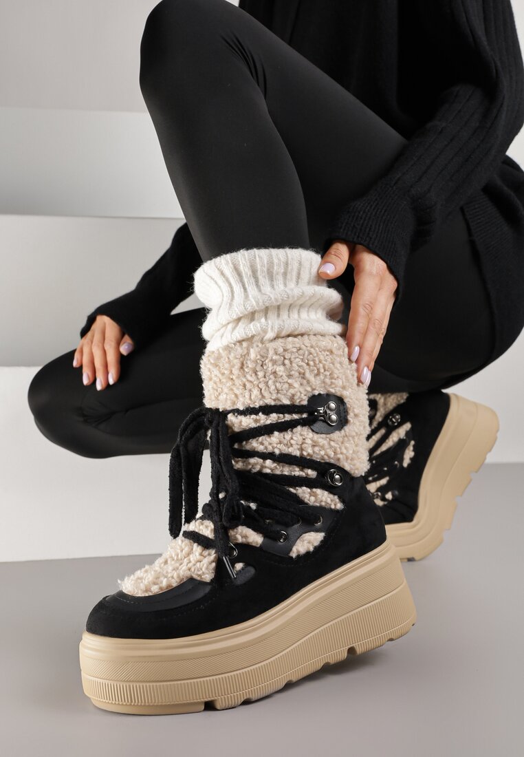 Cizme de zăpadă Negre cu Talpă Groasă cu Carâmb Șnurat cu Blană Zerisa