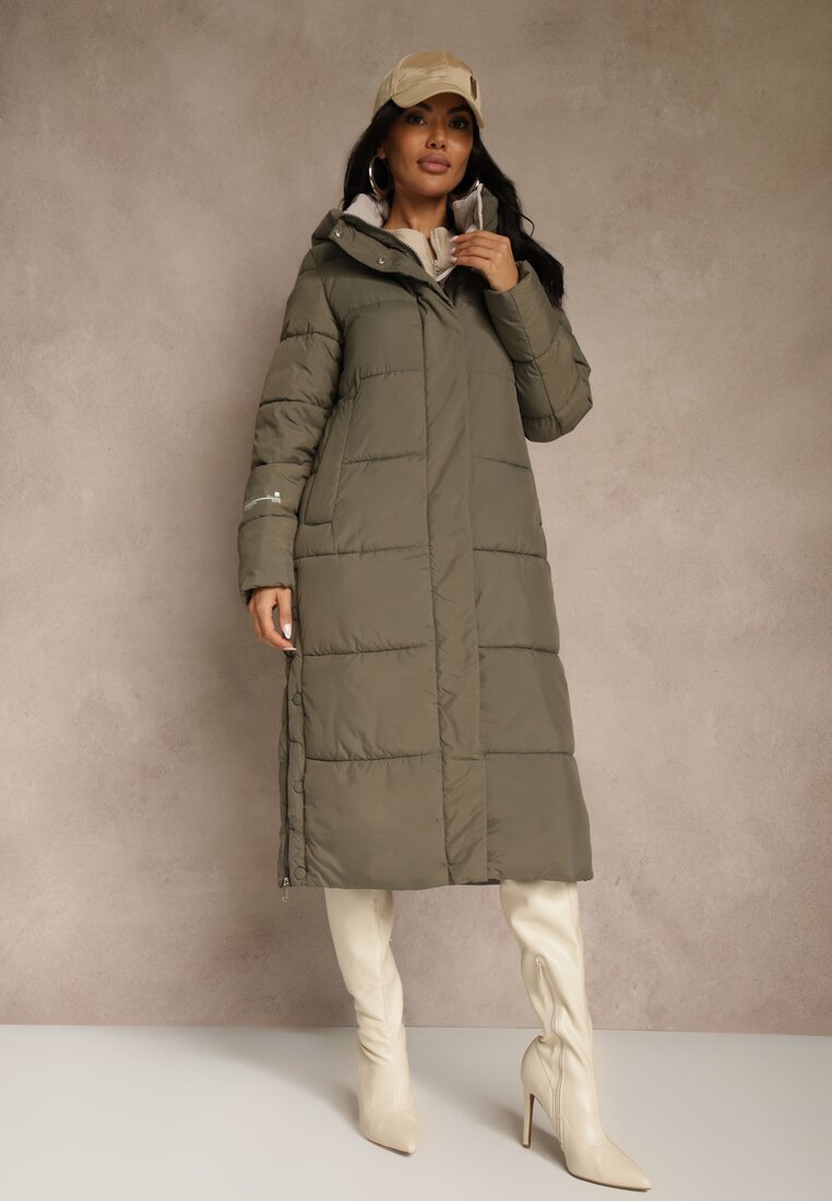 Jachetă matlasată verde închis cu croială lungă, cu glugă și fermoare laterale Tevitte