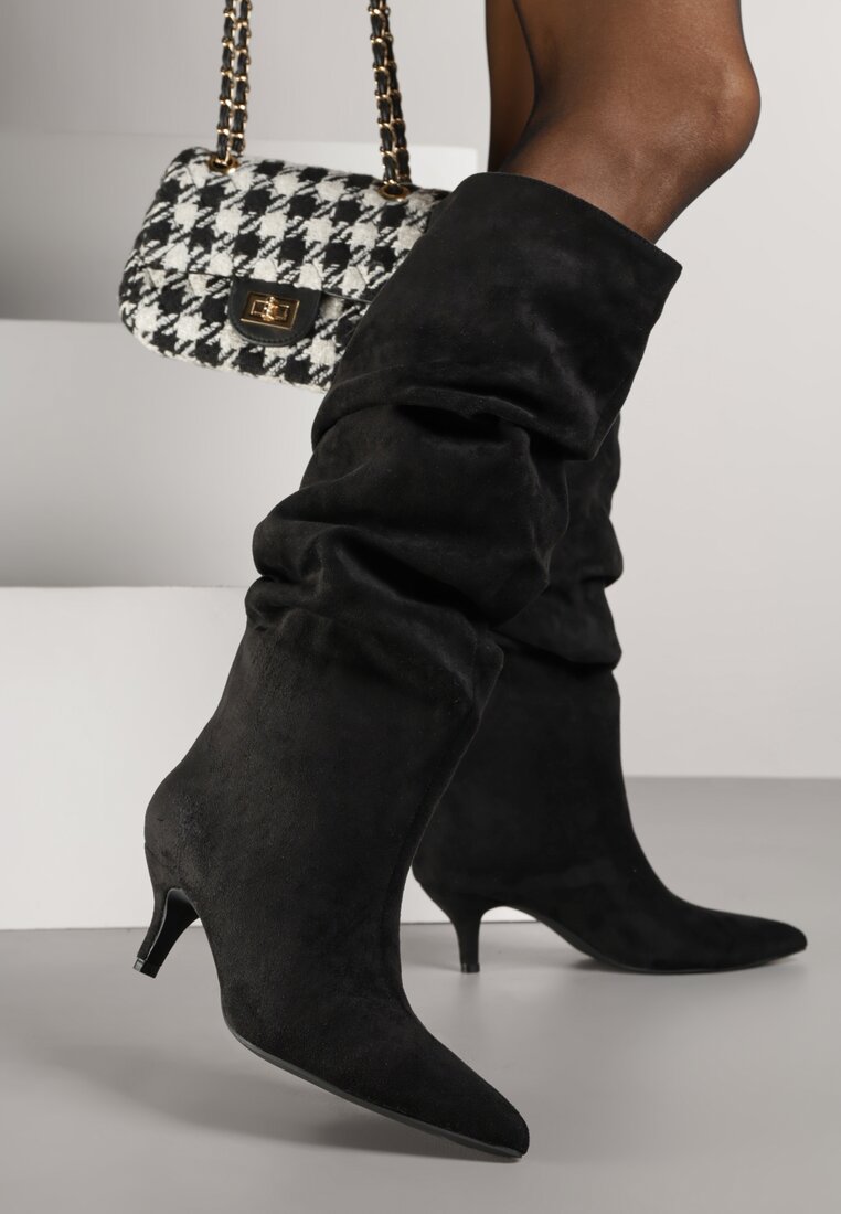 Cizme Negre pe toc pisicuță cu carâmb încrețit Alavitte