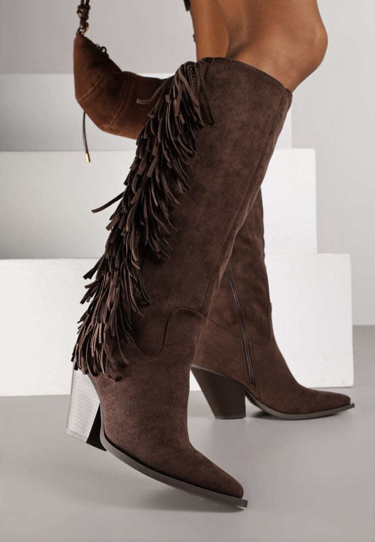 Cizme Maro închis Cowboy din imitație de piele întoarsă cu franjuri și cu toc conic Rafilea