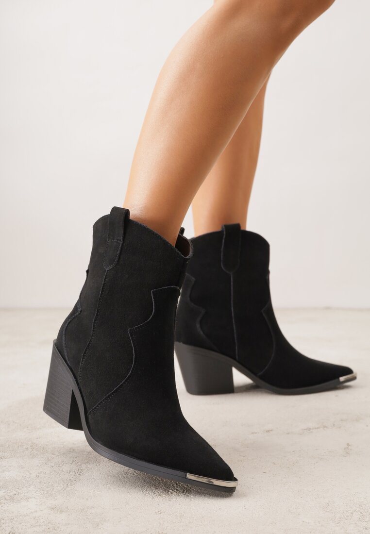 Botine Negre Din Piele Cowboy cu Aplicație Metalică pe Vârf Saneara