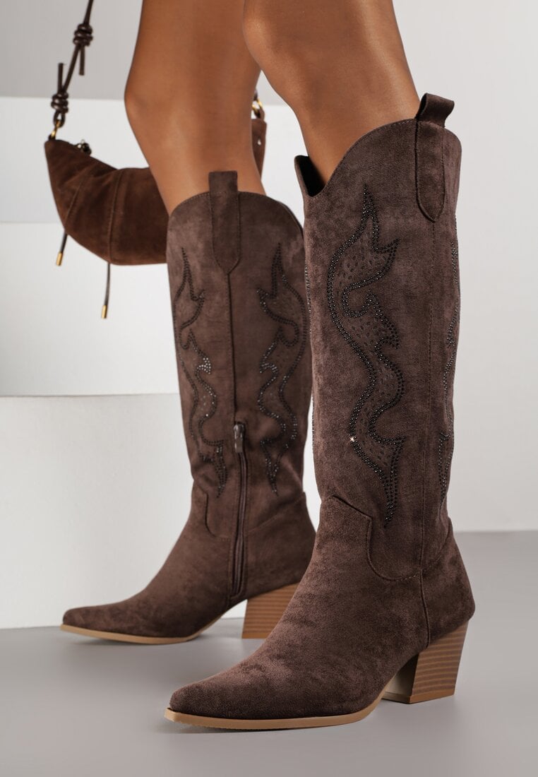 Cizme Cowboy Maro cu toc conic Decorate cu zirconii Nalasania