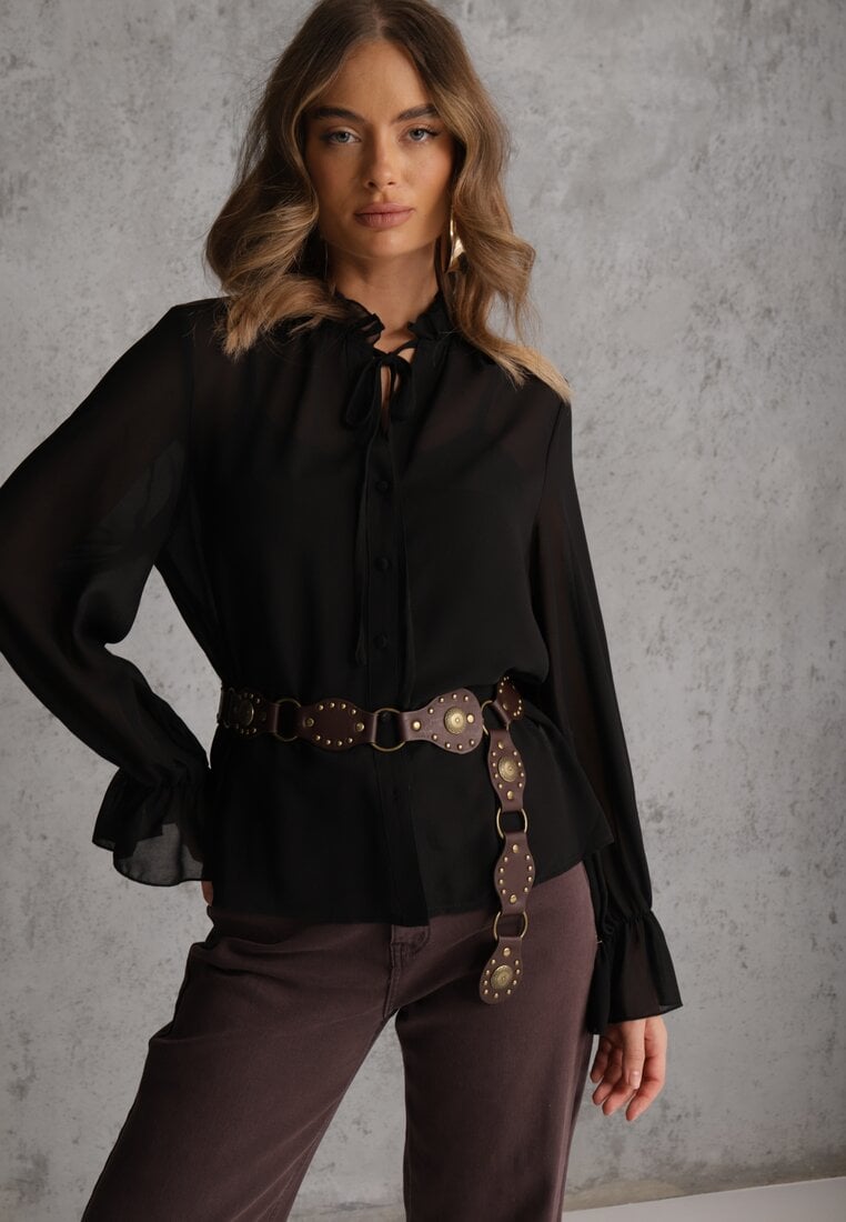 Cămașă Neagră Din Plasă VICES Decorată Cu Volane și Cu Legături Zevoria
