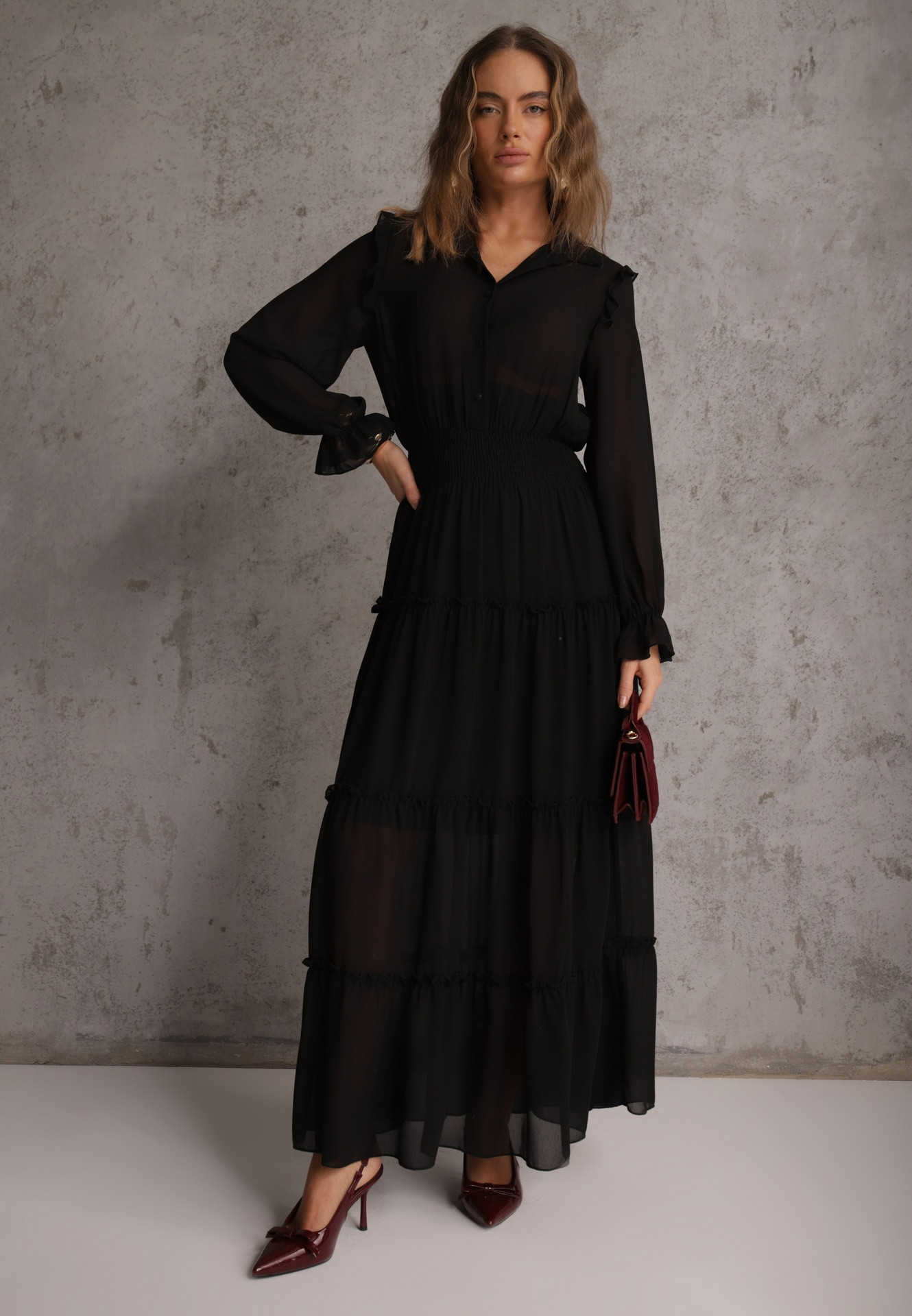 Rochie Neagră VICES tip cămașă cu volane în stil rustic Arivite