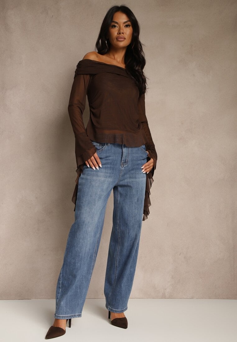 Blugi Albaștri Croială Balon Talie Înaltă Analerie