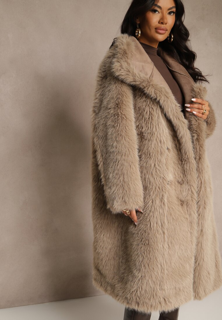 Palton de blană Bej închis dublu rând cu croială reversibilă cu guler Nalaneva
