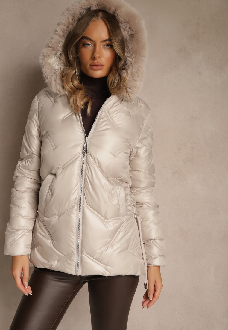 Jachetă bej cu Matlasare Decorativă și Glugă cu Blană Naliavea