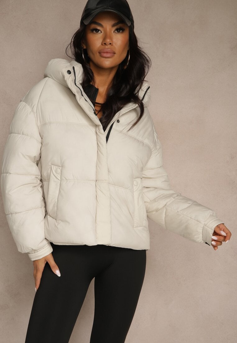 Geacă Albă Puffer matlasată cu glugă și buzunar la mânecă Galeida