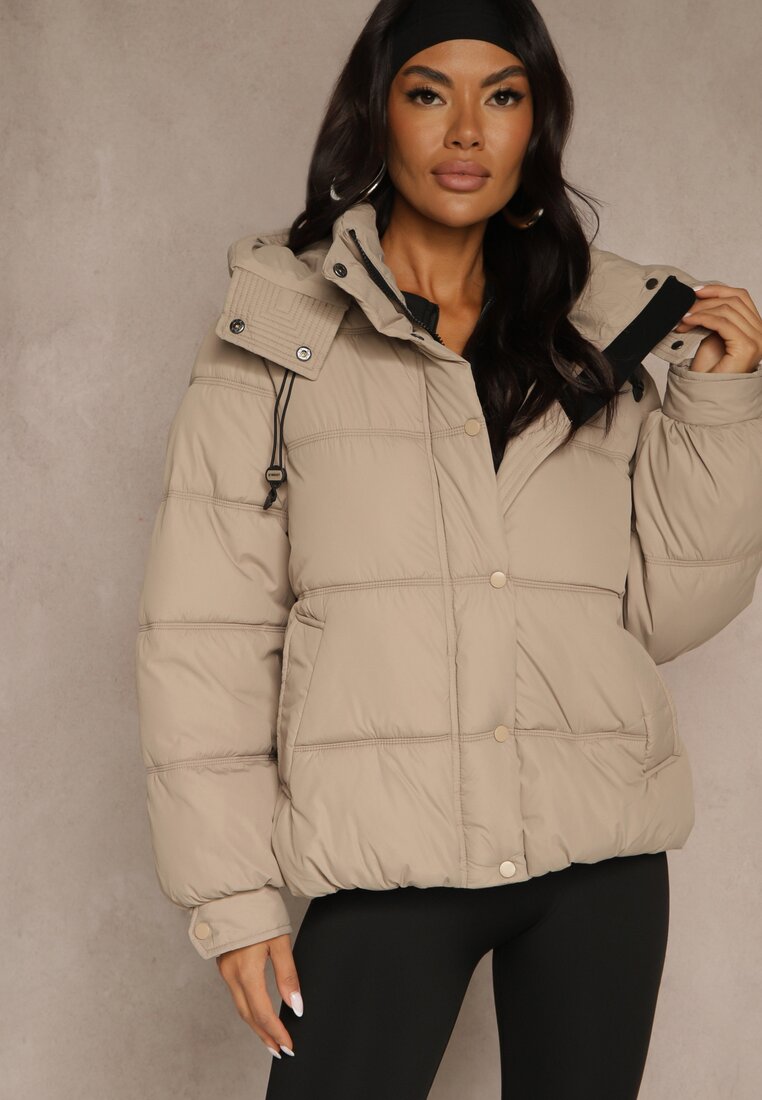 Jachetă bej oversize Puffer cu glugă și aplicație la mânecă Azine